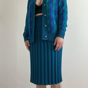 Vintage Blue and Green Knit 2 Piece Skirt Suit